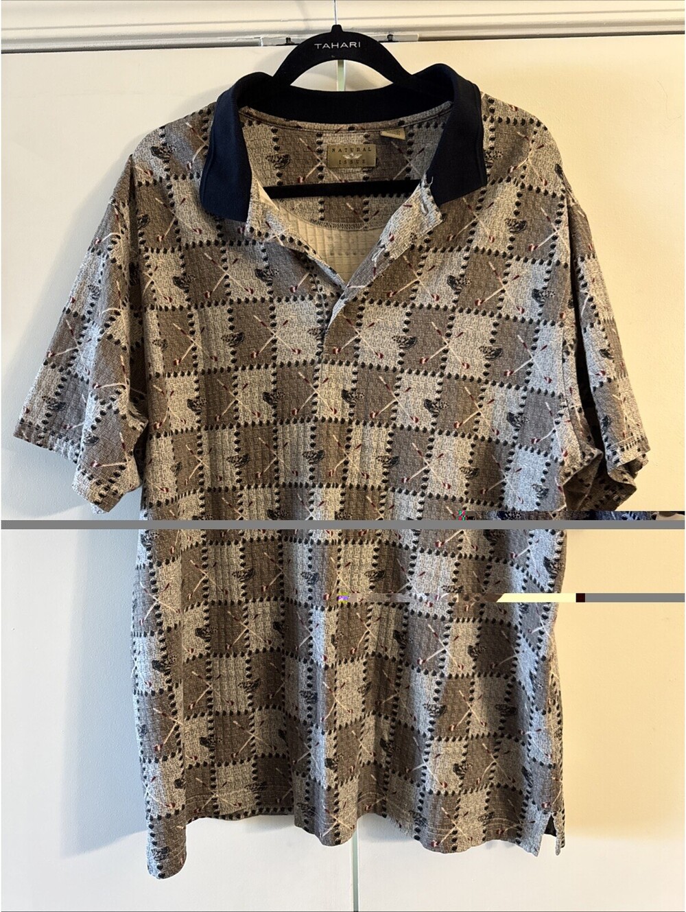 VTG Natural Issue Golfer Patchwork Geometric All-Over Print Polo Shirt XL